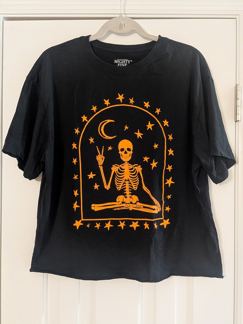 Mighty Fine Women's Black Tee with Orange Skeleton Graphic L